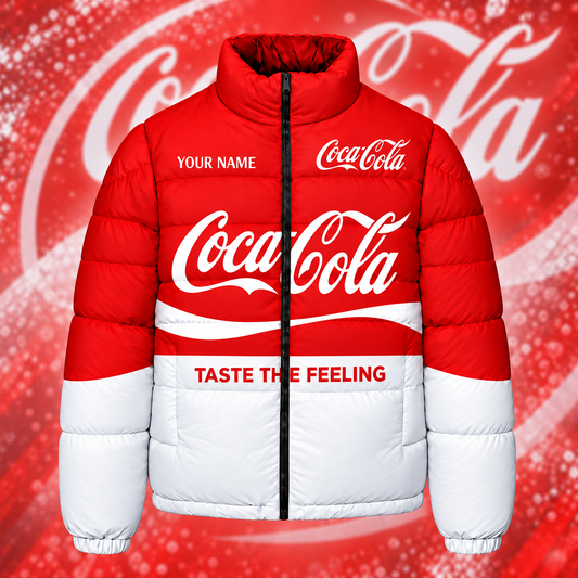 Personalized Cola Taste The Feeling Puffer Jacket , Cola Windproof Puffer Jacket