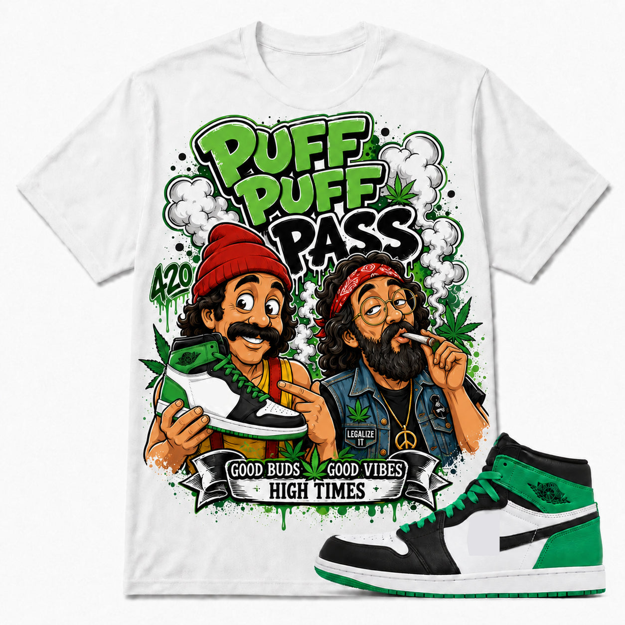 "PUFF PUFF PASS" Shirt To Match AJ 1 Retro High ‘Lucky Green’, AJ 1 Matching Shirt