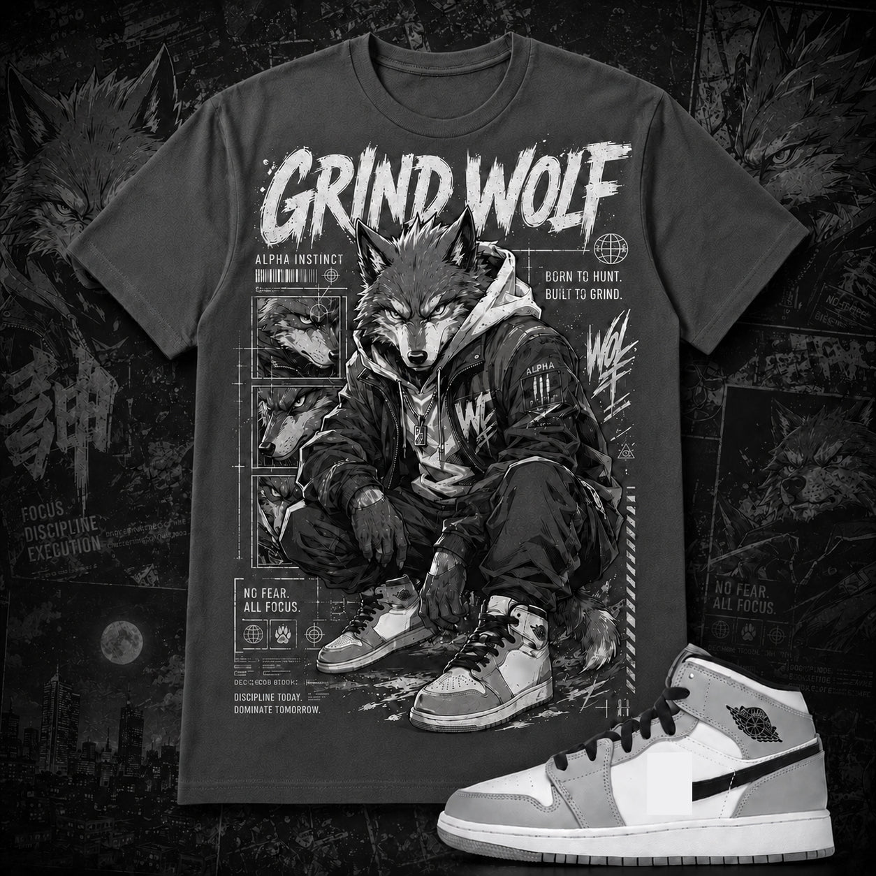 "GRIND WOLF" Shirt To Match AJ 1 Mid ‘Light Smoke Grey’, AJ 1 Matching Shirt