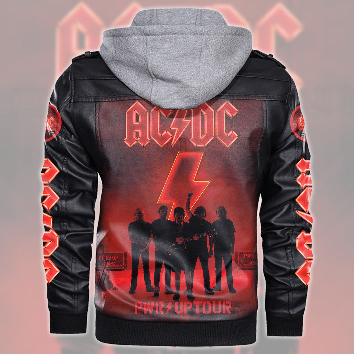 AC Power Up Tour Leather Jacket with Hood Black Q070505