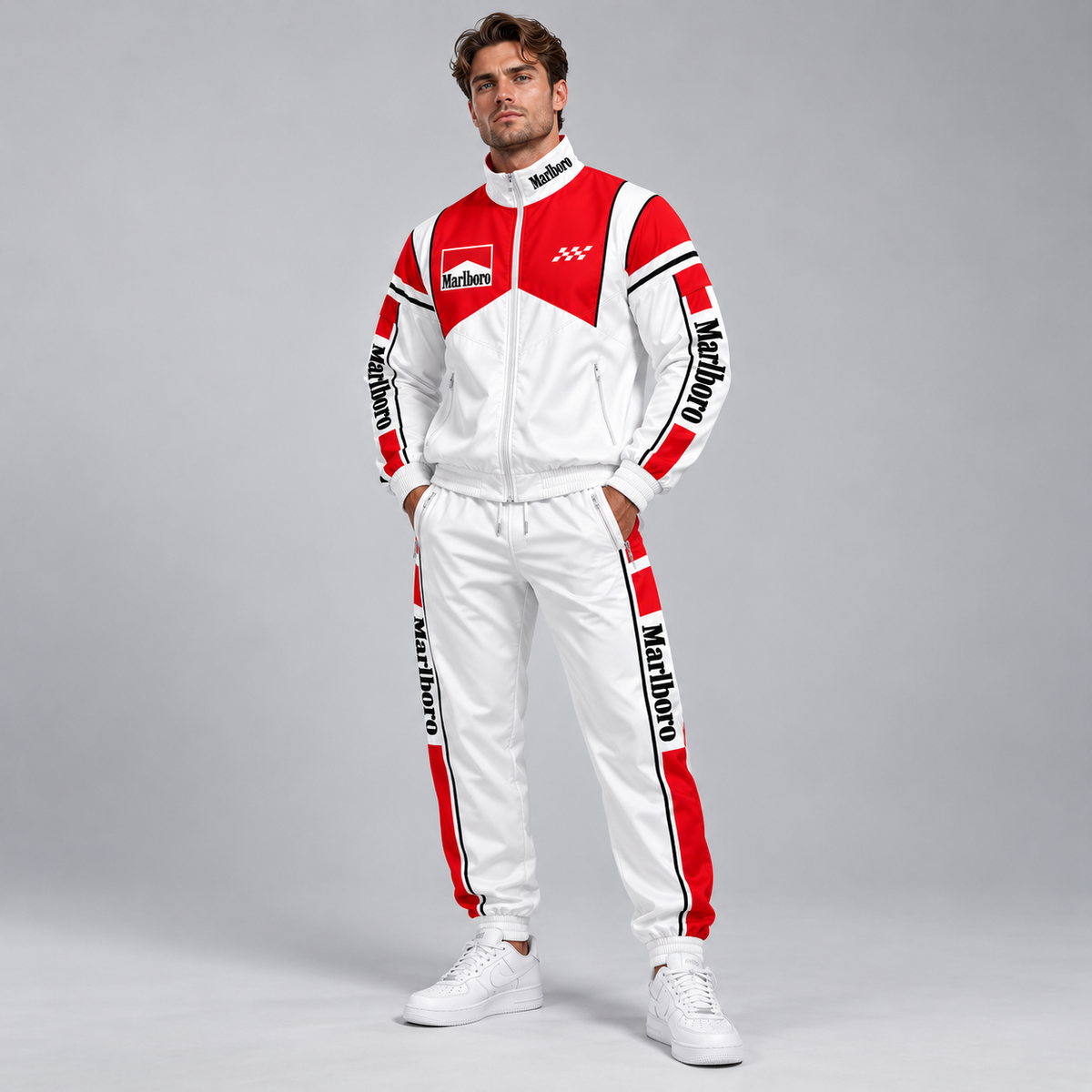Marlbor Classic Zipper Stand Collar Jacket & Sweatpants Set