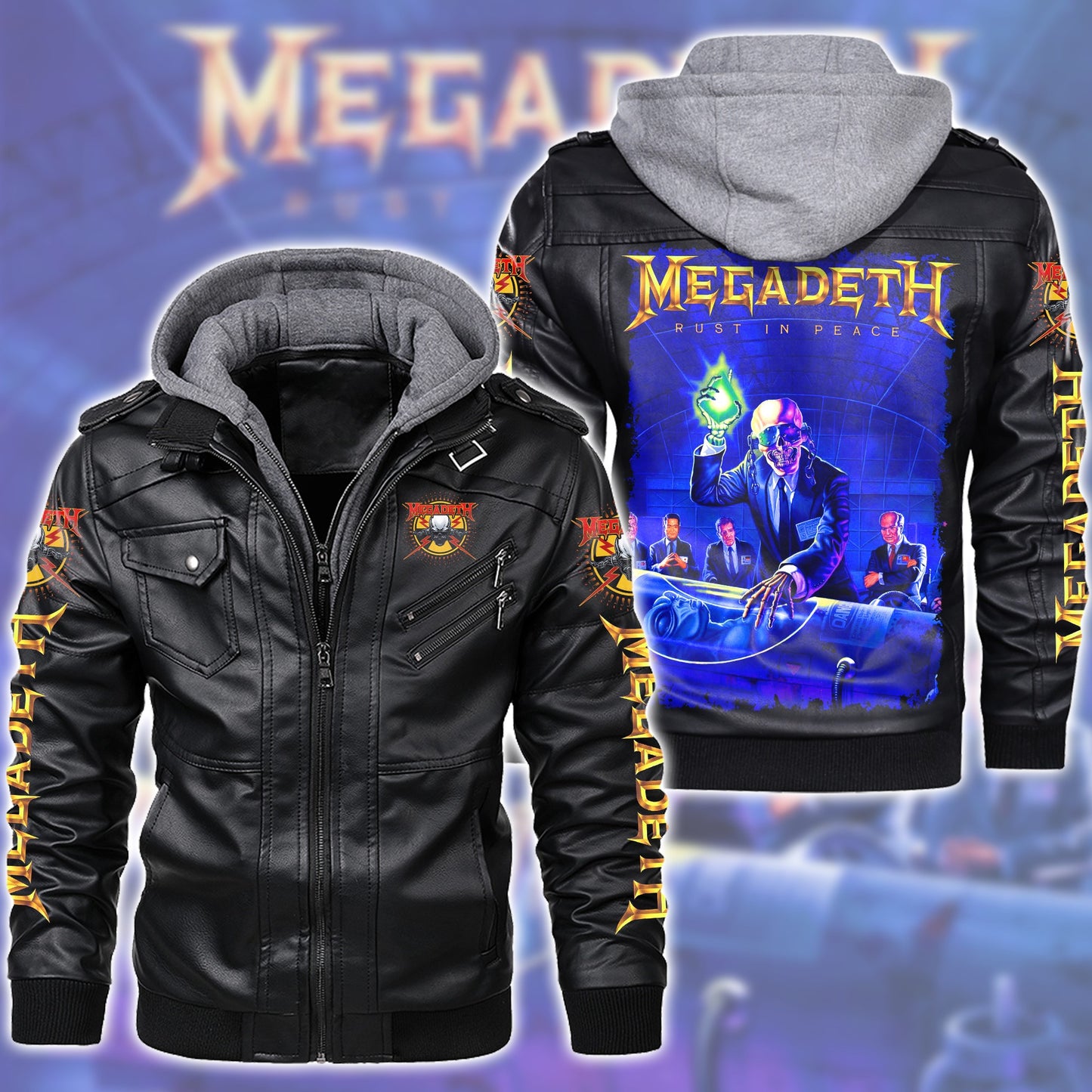 MGD Rust In Peace Leather Jacket with Hood Black Q160509