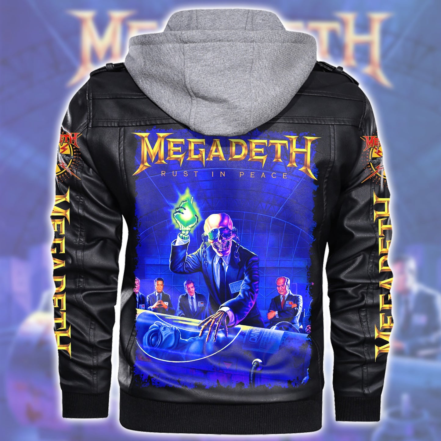 MGD Rust In Peace Leather Jacket with Hood Black Q160509