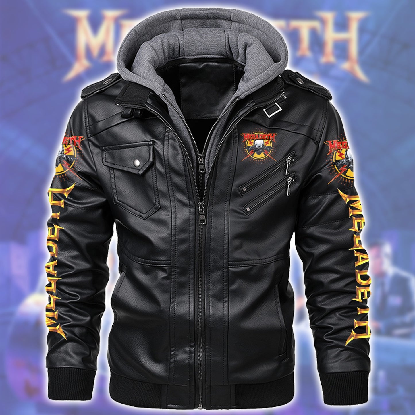 MGD Rust In Peace Leather Jacket with Hood Black Q160509