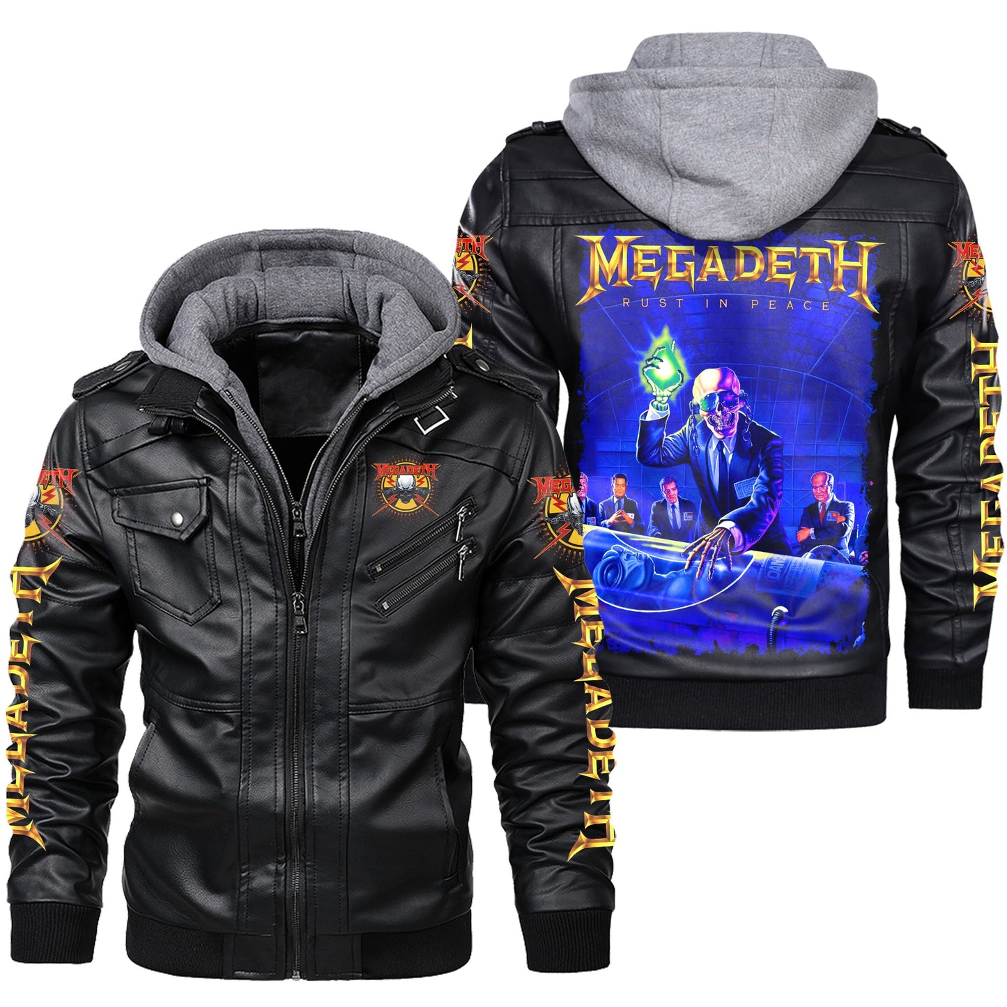 MGD Rust In Peace Leather Jacket with Hood Black Q160509