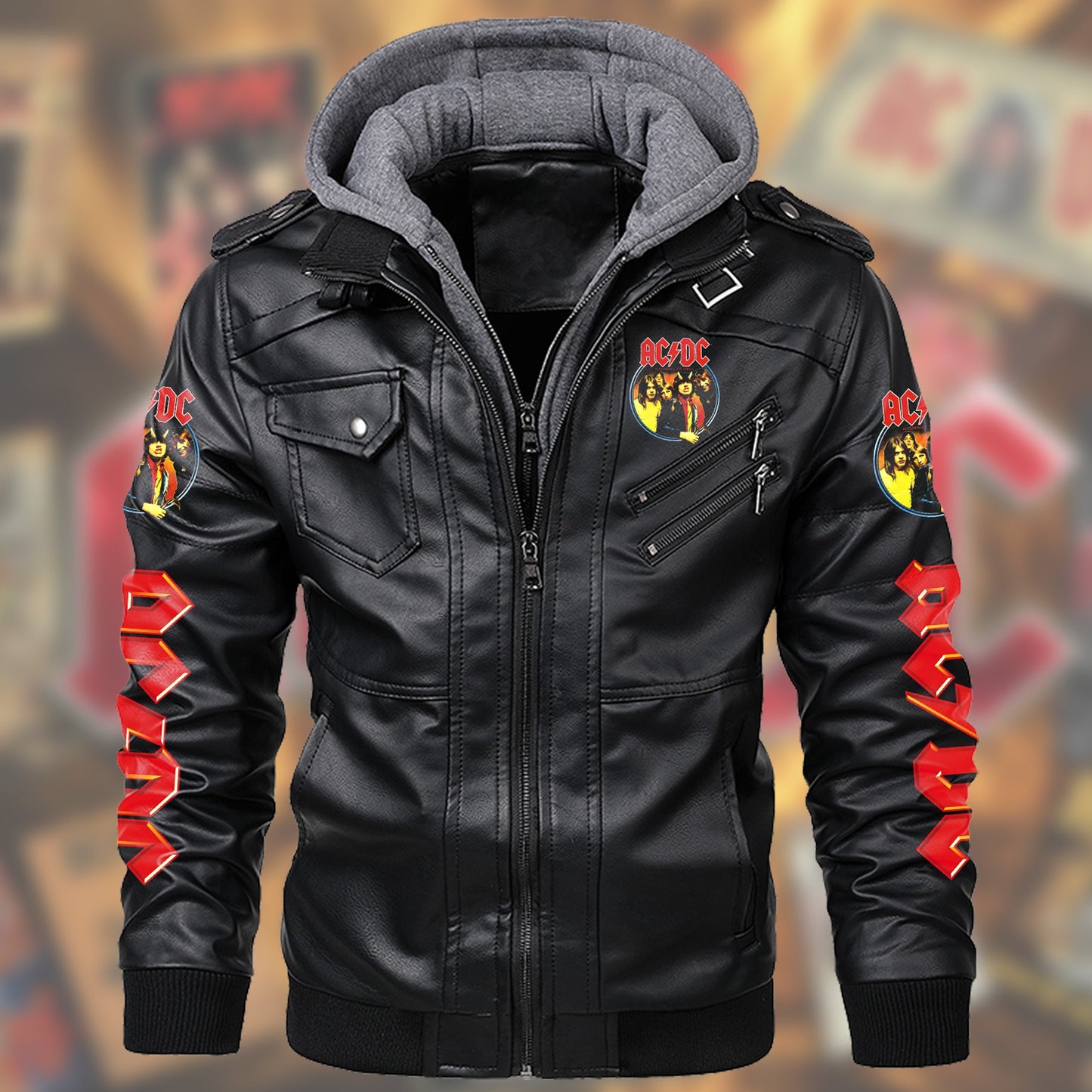 AC Highway To Hell Leather Jacket with Hood Black Q120607