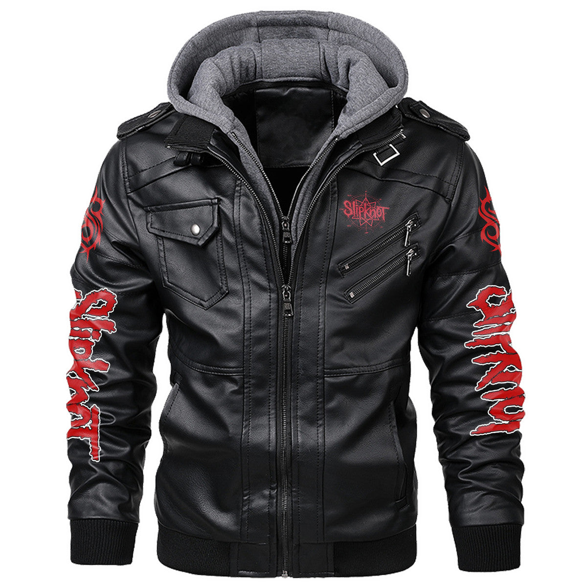 Sk Leather Jacket Q2 with Hood Black Q100511