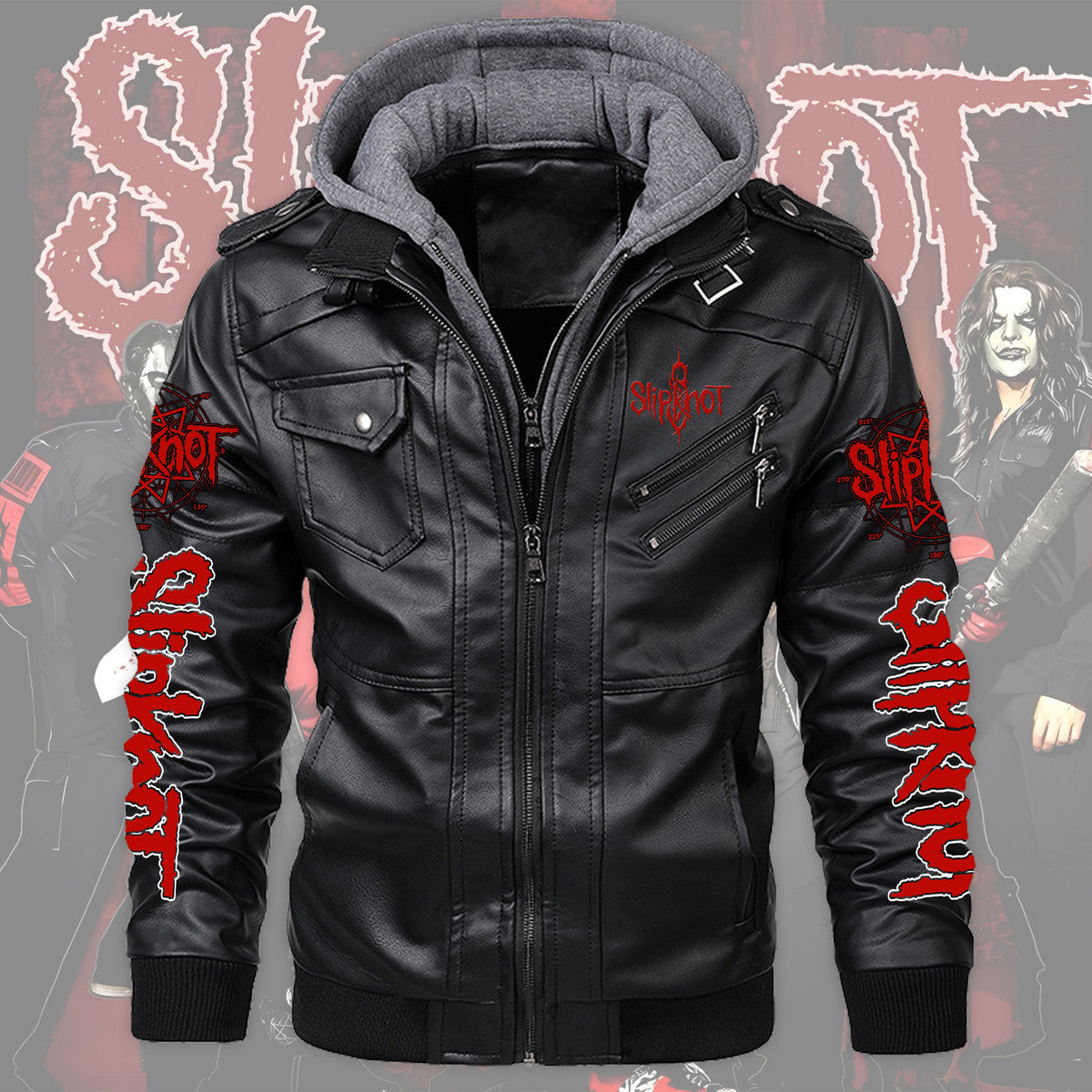 Sk Leather Jacket 8 with Hood Black Q240701