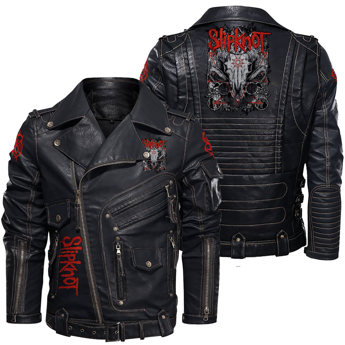 SK Q3 Belt Solid Zipper Street Leather Jacket Q110908