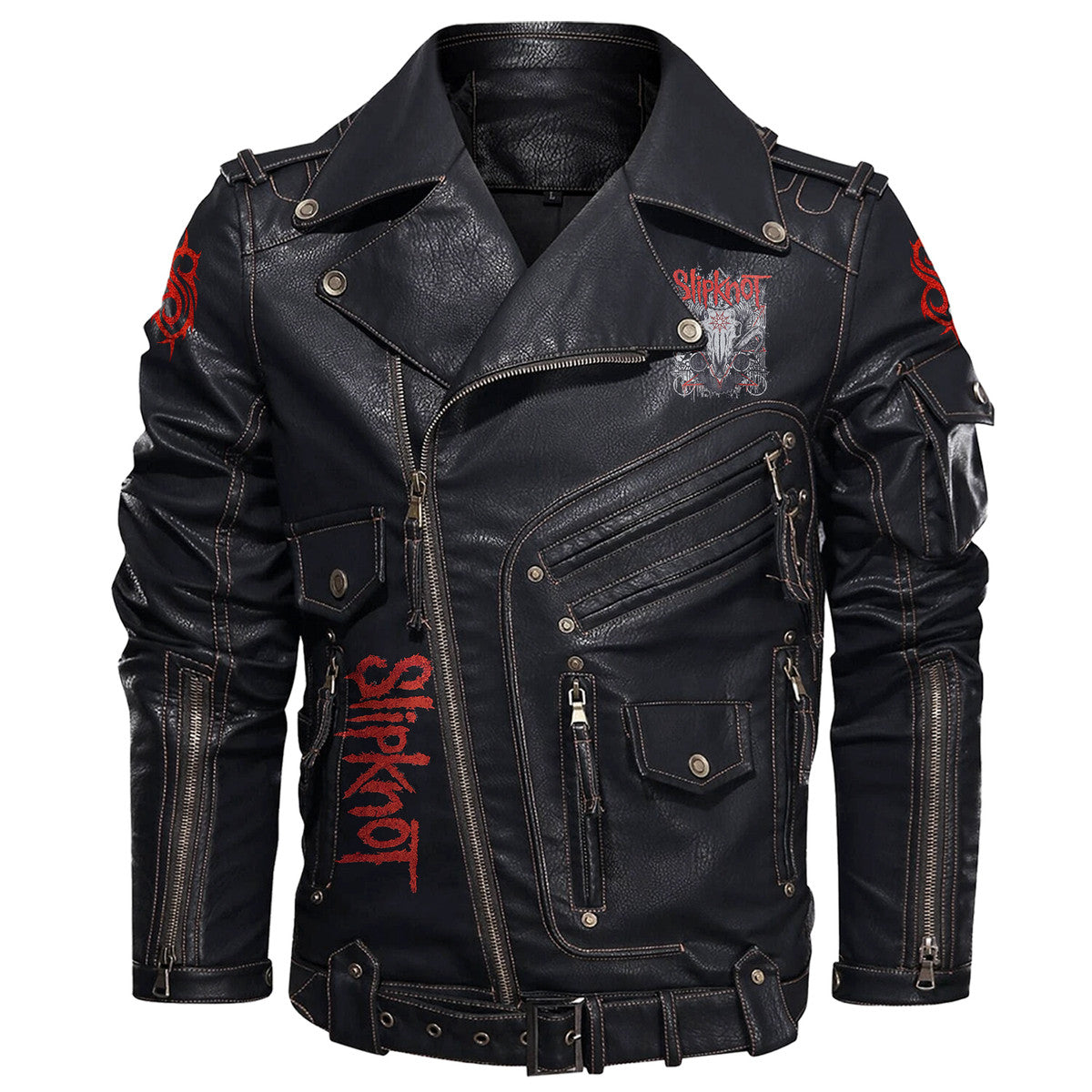 SK Q3 Belt Solid Zipper Street Leather Jacket Q110908