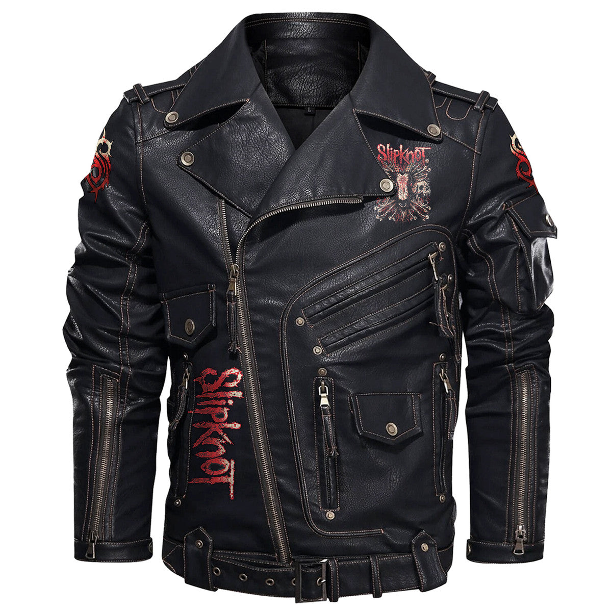 SK Q4 Belt Solid Zipper Street Leather Jacket Q110909