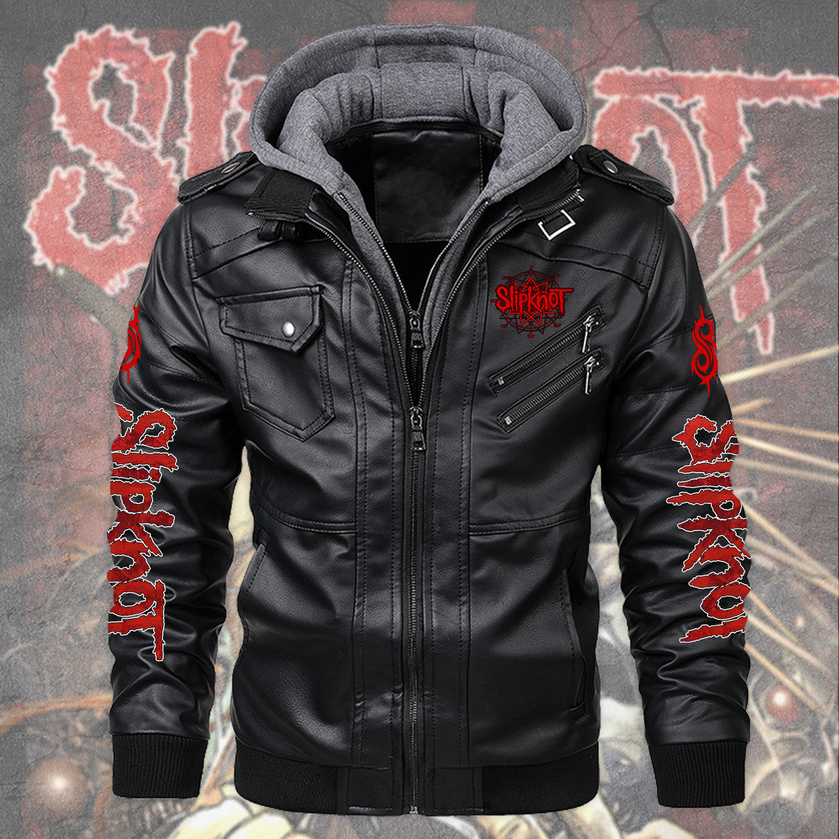 Sk Leather Jacket Q3 with Hood Black Q271005