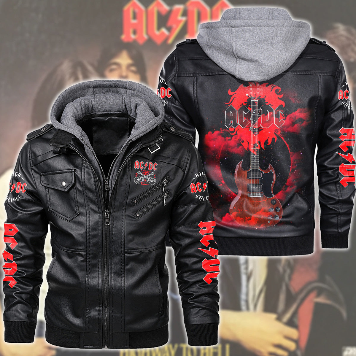 AC Rock n Roll Leather Jacket with Hood Black Q141202