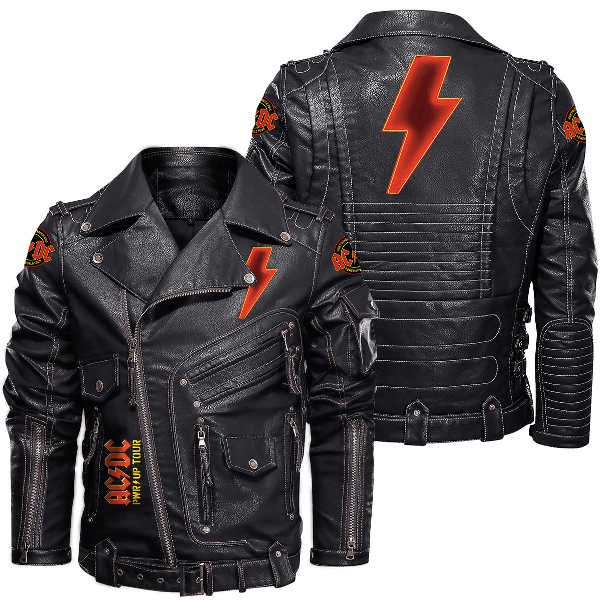 Ac Power Up Tour Belt Solid Zipper Street Leather Jacket Q310501