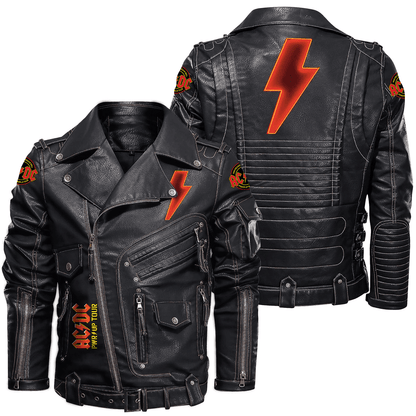 Ac Power Up Tour Belt Solid Zipper Street Leather Jacket Q310501