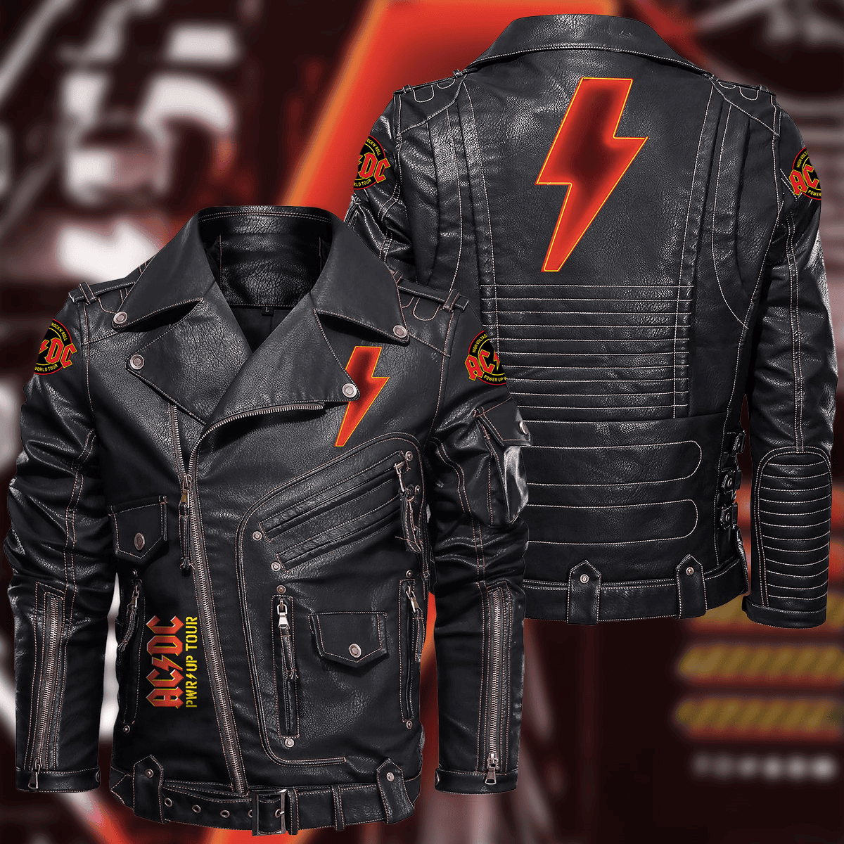 Ac Power Up Tour Belt Solid Zipper Street Leather Jacket Q310501