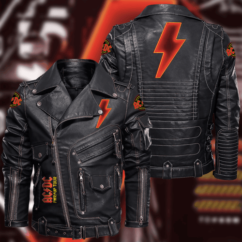 Ac Power Up Tour Belt Solid Zipper Street Leather Jacket Q310501