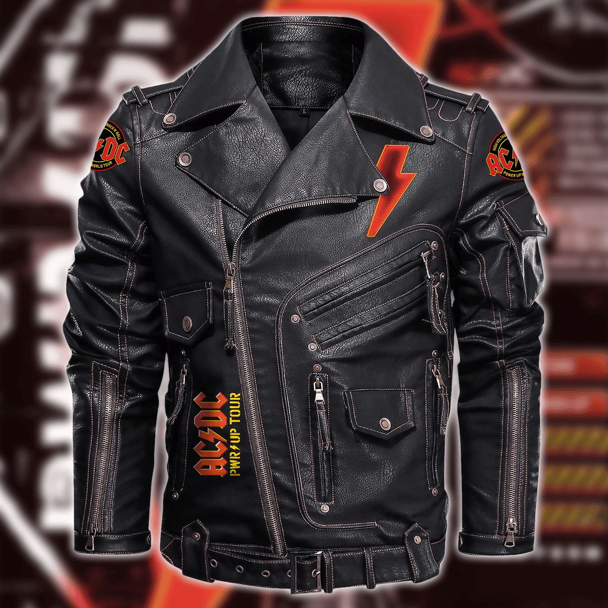 Ac Power Up Tour Belt Solid Zipper Street Leather Jacket Q310501