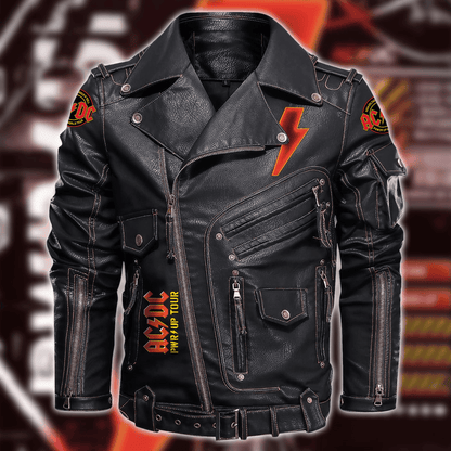 Ac Power Up Tour Belt Solid Zipper Street Leather Jacket Q310501