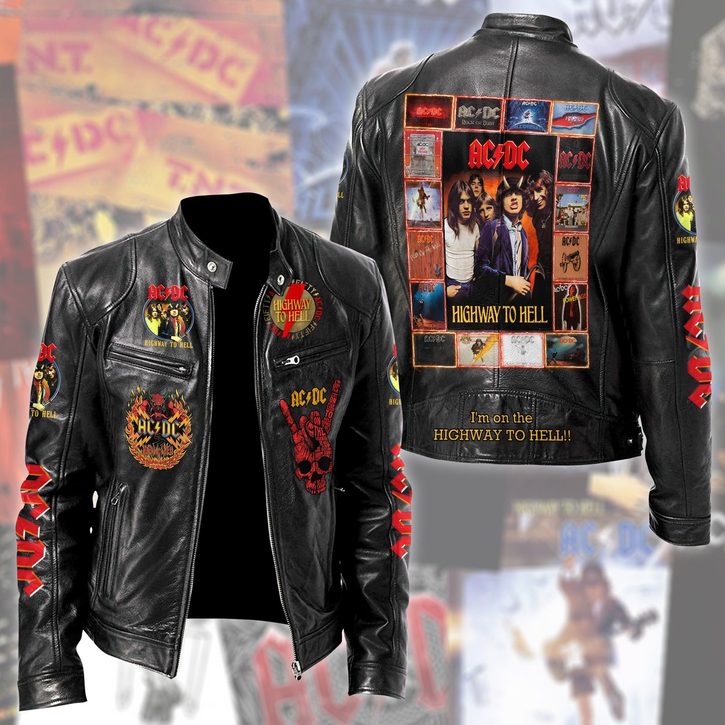 Personalized AC Highway To Hell Zipper Collar Leather Jacket