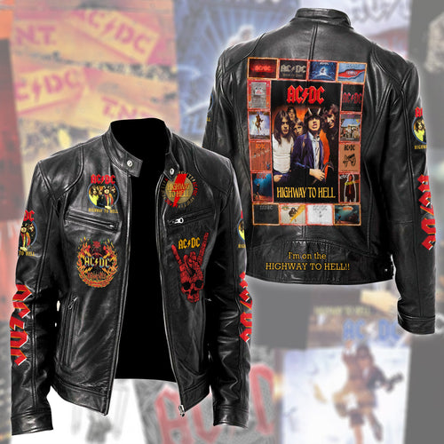 Personalized AC Highway To Hell Zipper Collar Leather Jacket