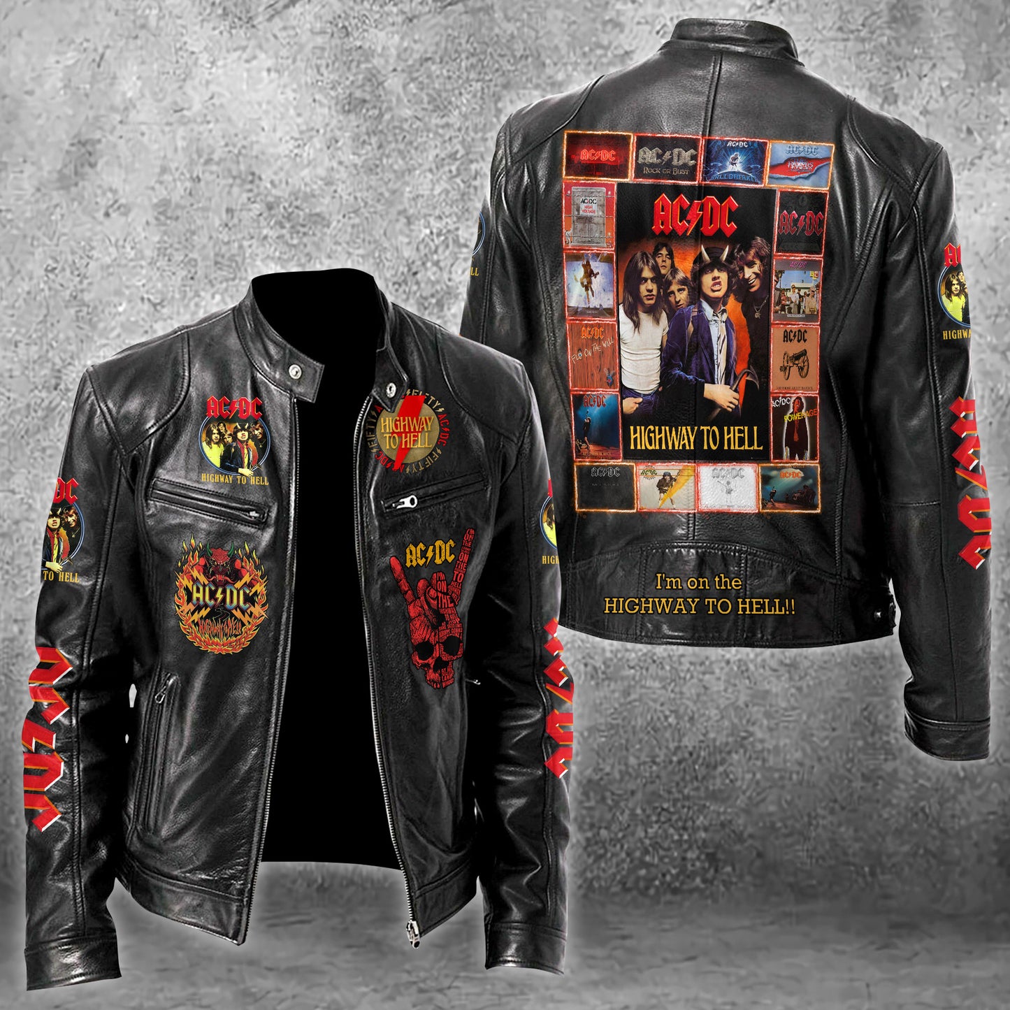 Personalized AC Highway To Hell Zipper Collar Leather Jacket