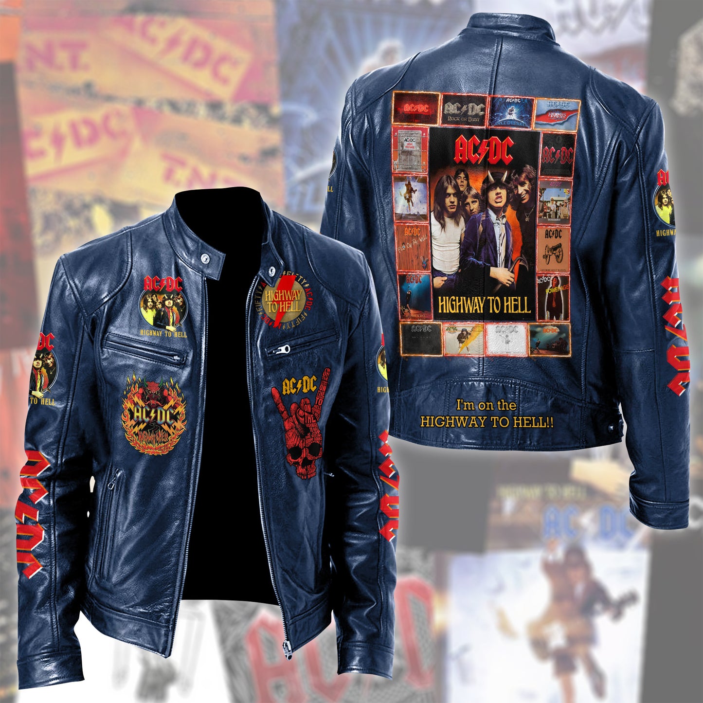 Personalized AC Highway To Hell Zipper Collar Leather Jacket