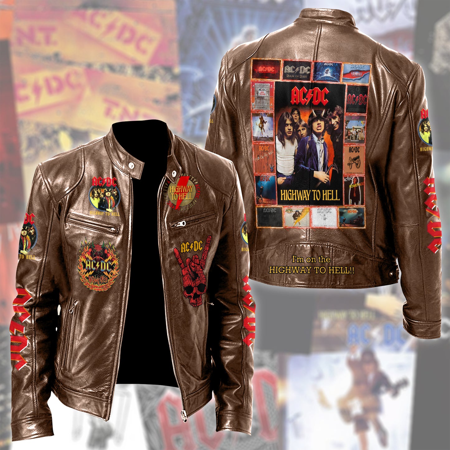 Personalized AC Highway To Hell Zipper Collar Leather Jacket