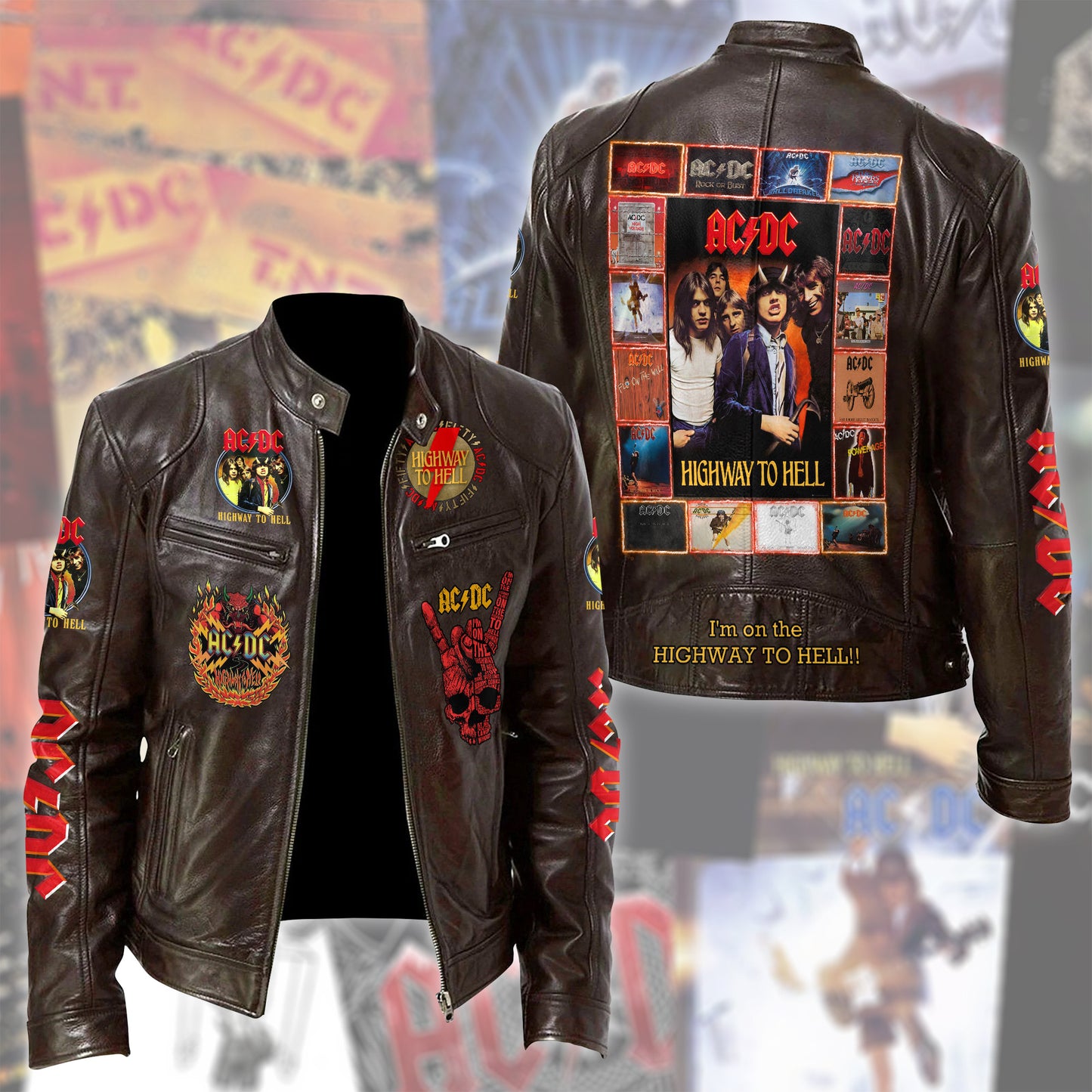 Personalized AC Highway To Hell Zipper Collar Leather Jacket