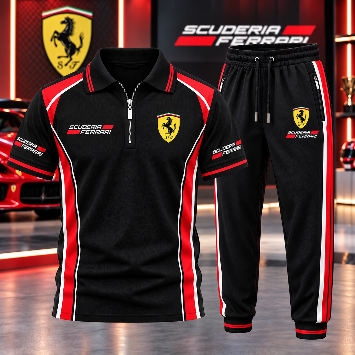 Scuderia Ferrar Racing All Over Printed Zip-Polo and Sweatpants Set