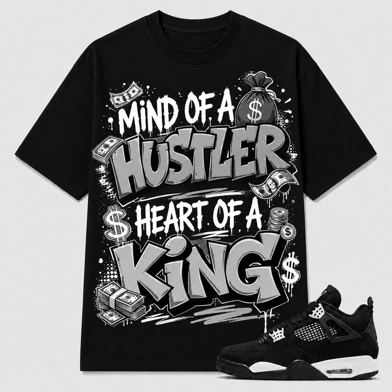 "MIND OF A HUSTLER HEART OF A KING" Shirt To Match AJ 4 White Thunder, AJ 4 Matching Shirt