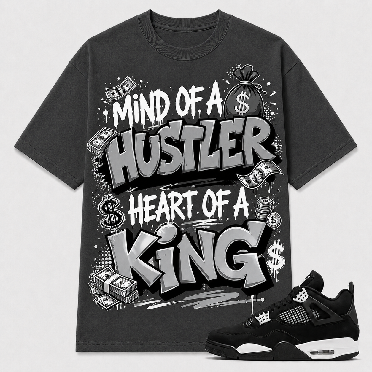 "MIND OF A HUSTLER HEART OF A KING" Shirt To Match AJ 4 White Thunder, AJ 4 Matching Shirt