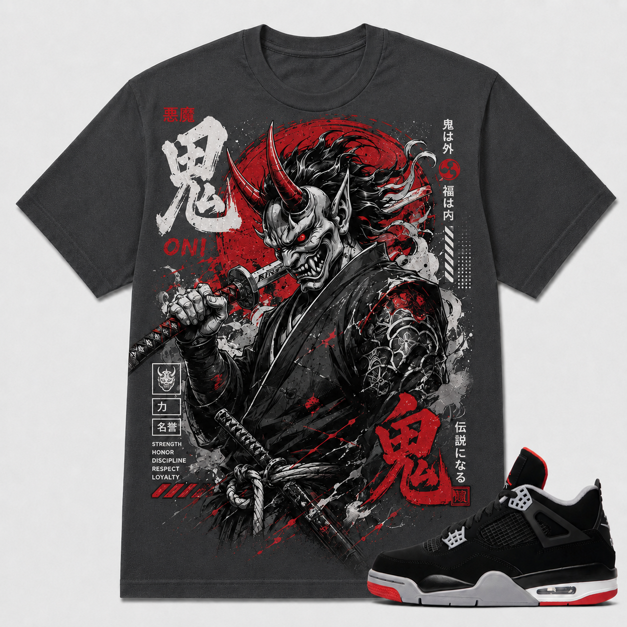 "Japanese Oni Streetwear" Shirt To Match AJ 4 Bred, AJ 4 Matching Shirt