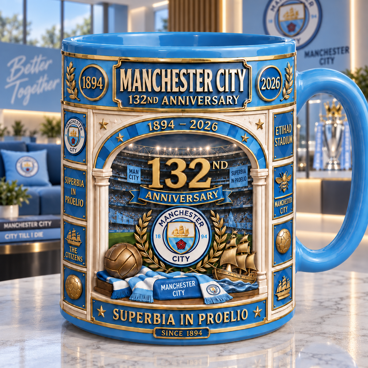 Man City 132nd Anniversary Accent Mug , Cream Mug Gifts , Holiday Gifts