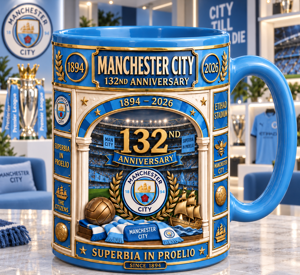 Man City 132nd Anniversary Accent Mug , Cream Mug Gifts , Holiday Gifts