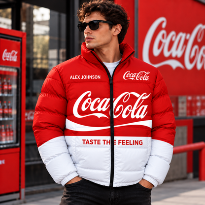 Personalized Cola Taste The Feeling Puffer Jacket , Cola Windproof Puffer Jacket