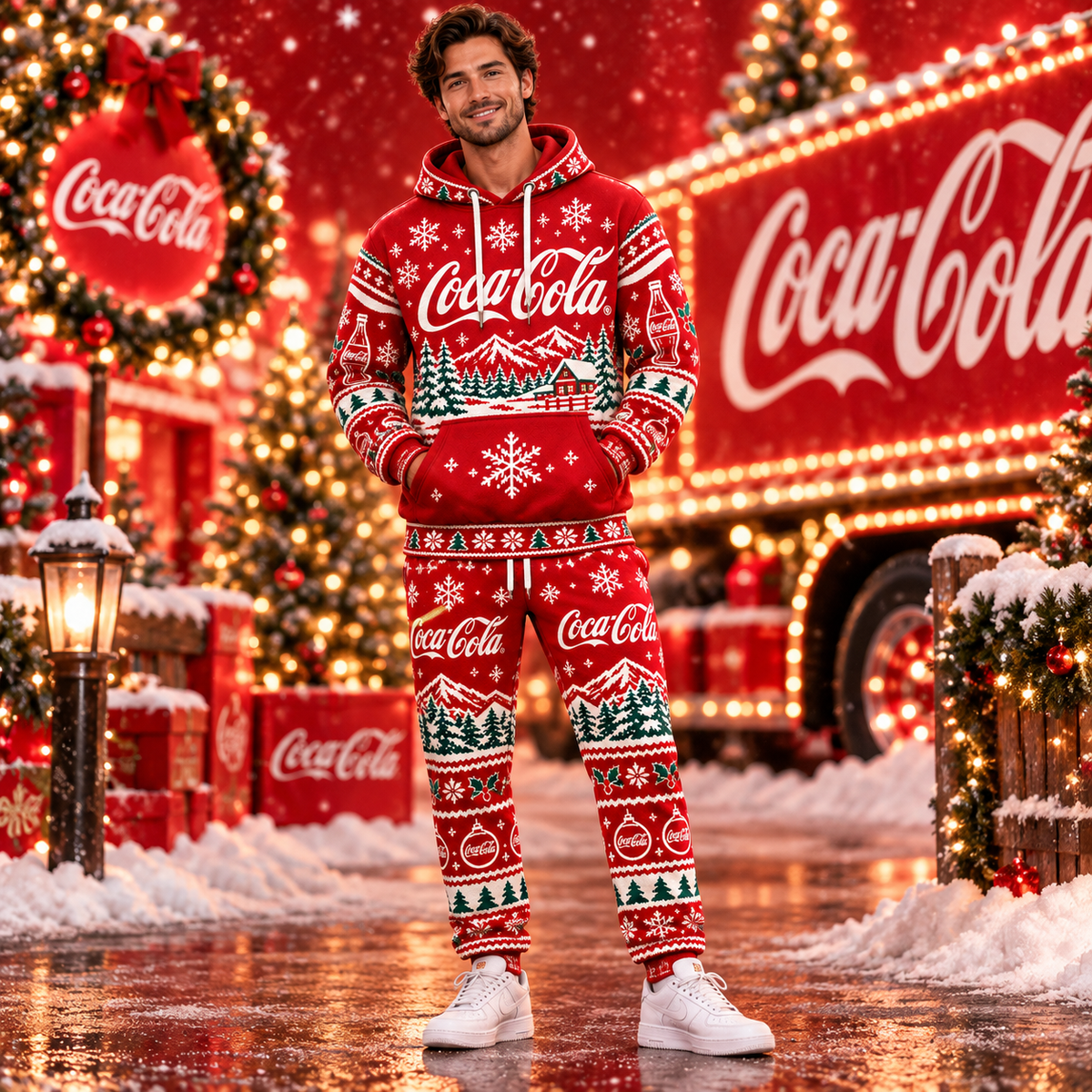 Cola Christmas All Over Printed Hoodie And Sweatpants Set