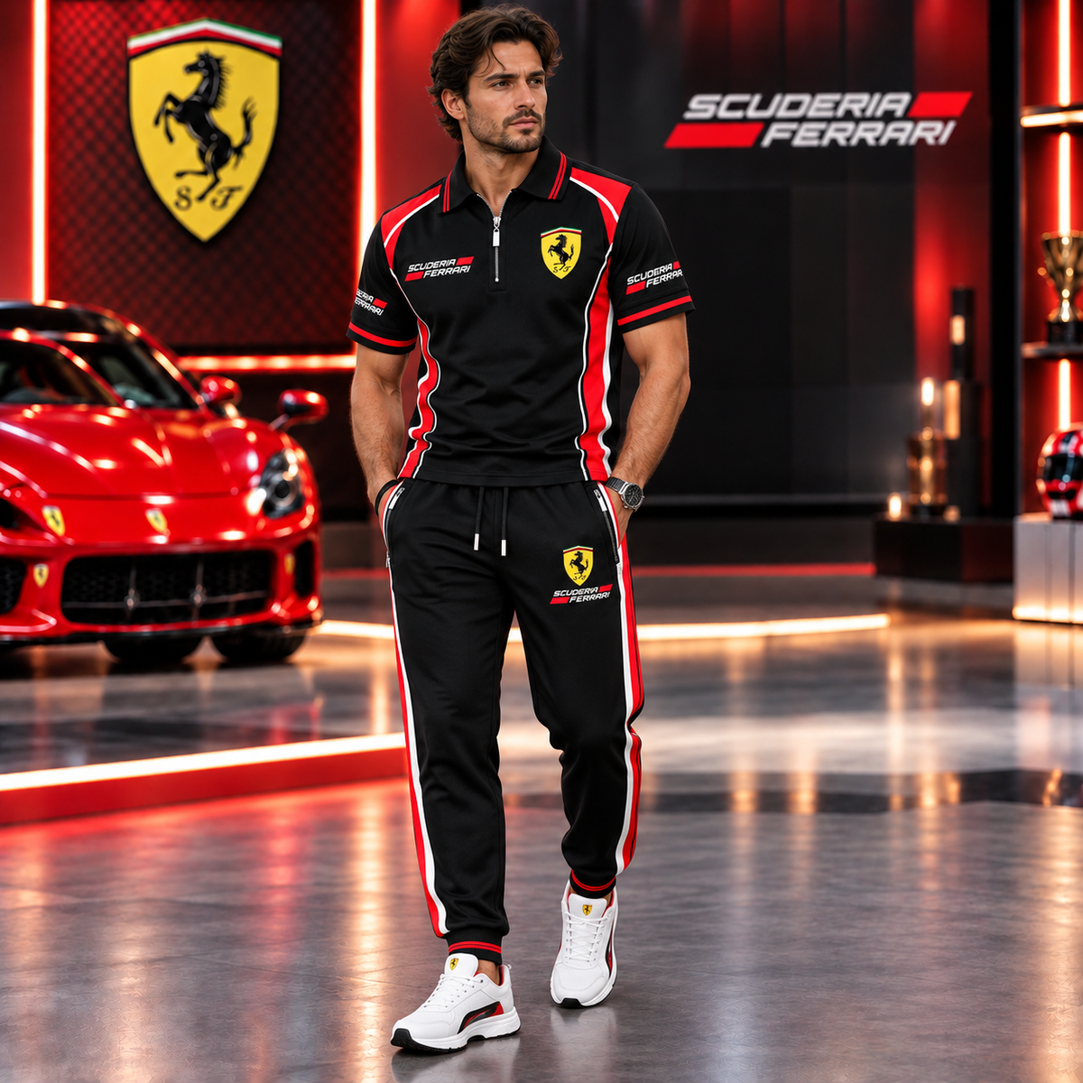 Scuderia Ferrar Racing All Over Printed Zip-Polo and Sweatpants Set