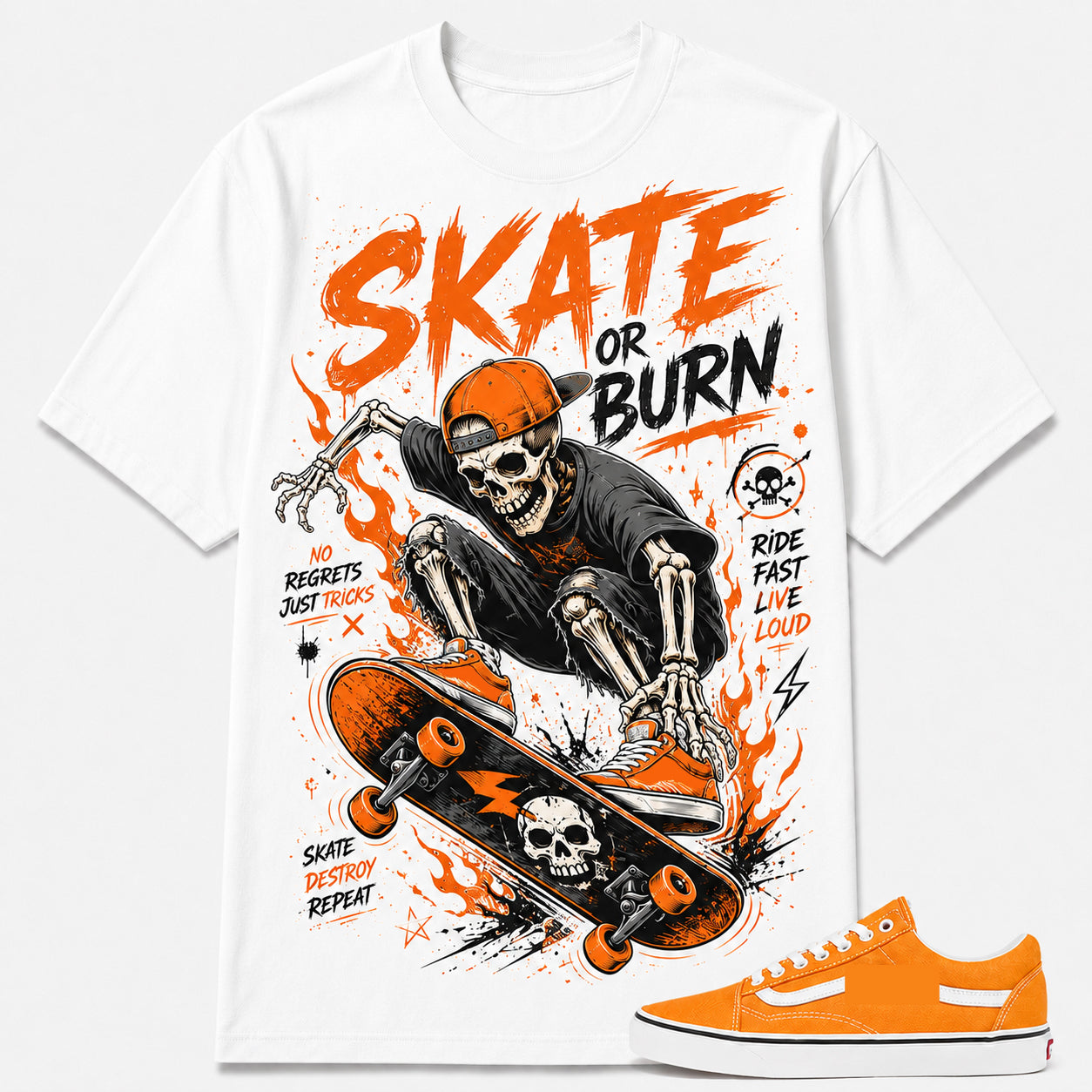 "SKATE OR BURN" Shirt To Match Old Skool 'Neon Blazing Orange, Old Skool Matching Shirt