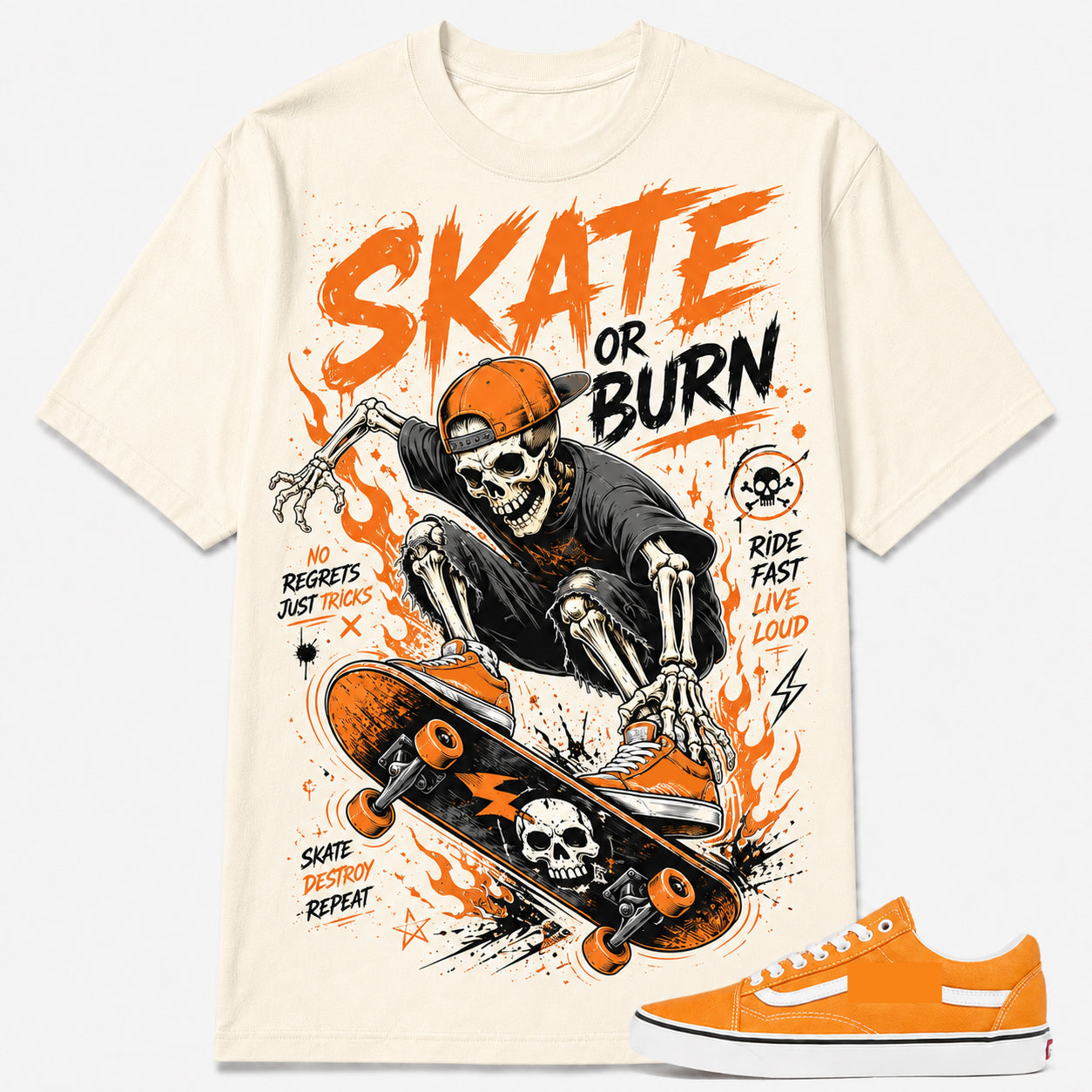 "SKATE OR BURN" Shirt To Match Old Skool 'Neon Blazing Orange, Old Skool Matching Shirt