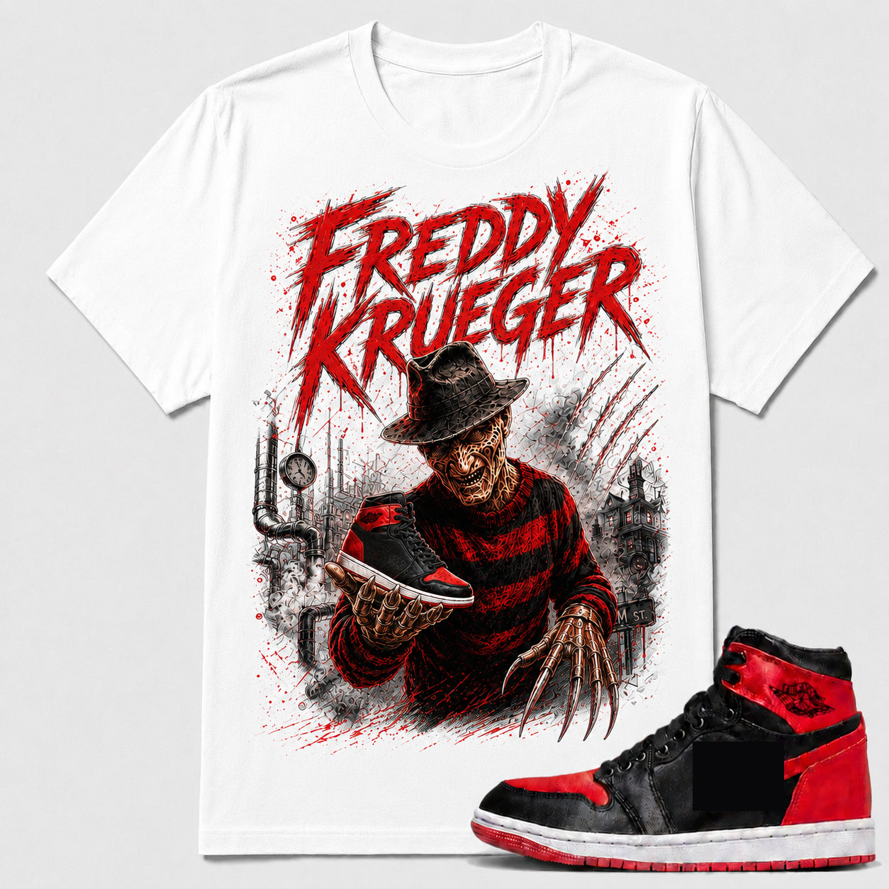 "FREDDY" Shirt To Match AJ 1 Retro High ‘Satin Bred’, AJ 1 Matching Shirt