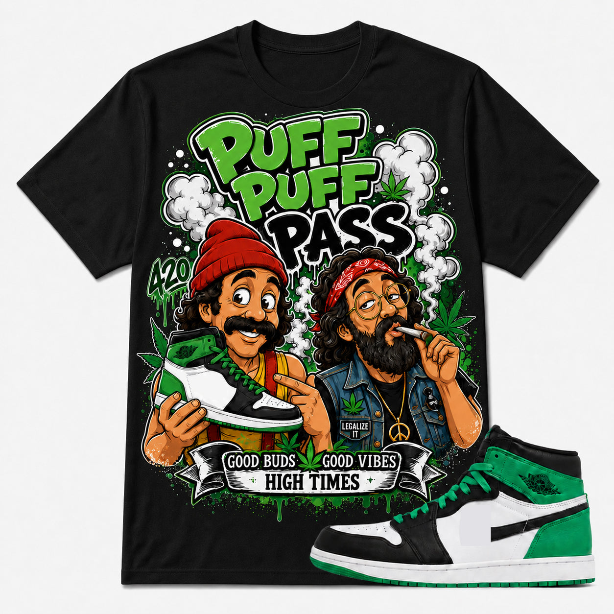 "PUFF PUFF PASS" Shirt To Match AJ 1 Retro High ‘Lucky Green’, AJ 1 Matching Shirt