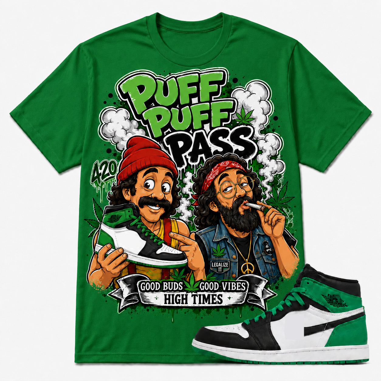"PUFF PUFF PASS" Shirt To Match AJ 1 Retro High ‘Lucky Green’, AJ 1 Matching Shirt