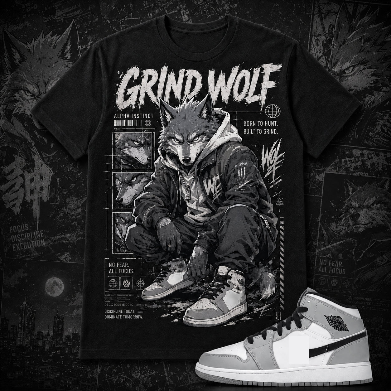 "GRIND WOLF" Shirt To Match AJ 1 Mid ‘Light Smoke Grey’, AJ 1 Matching Shirt