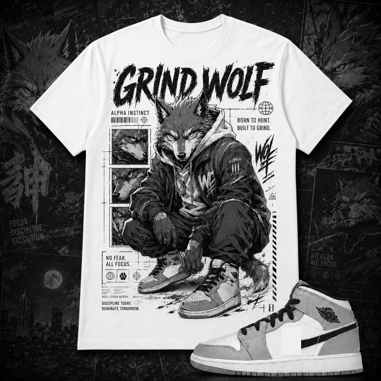 "GRIND WOLF" Shirt To Match AJ 1 Mid ‘Light Smoke Grey’, AJ 1 Matching Shirt