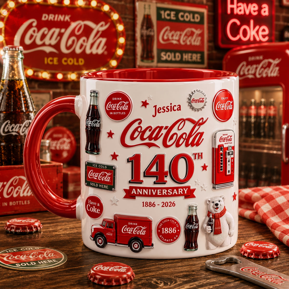 Personalized Cola 140th Anniversary Accent Mug V7, Cream Mug Gifts , Holiday Gifts