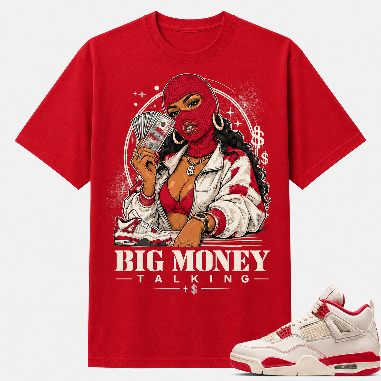BIG MONEY TALKING Shirt To Match AJ 4 Retro Pale Ivory and Tough Red, AJ 4 Retro Pale Ivory and Tough Red Shirt