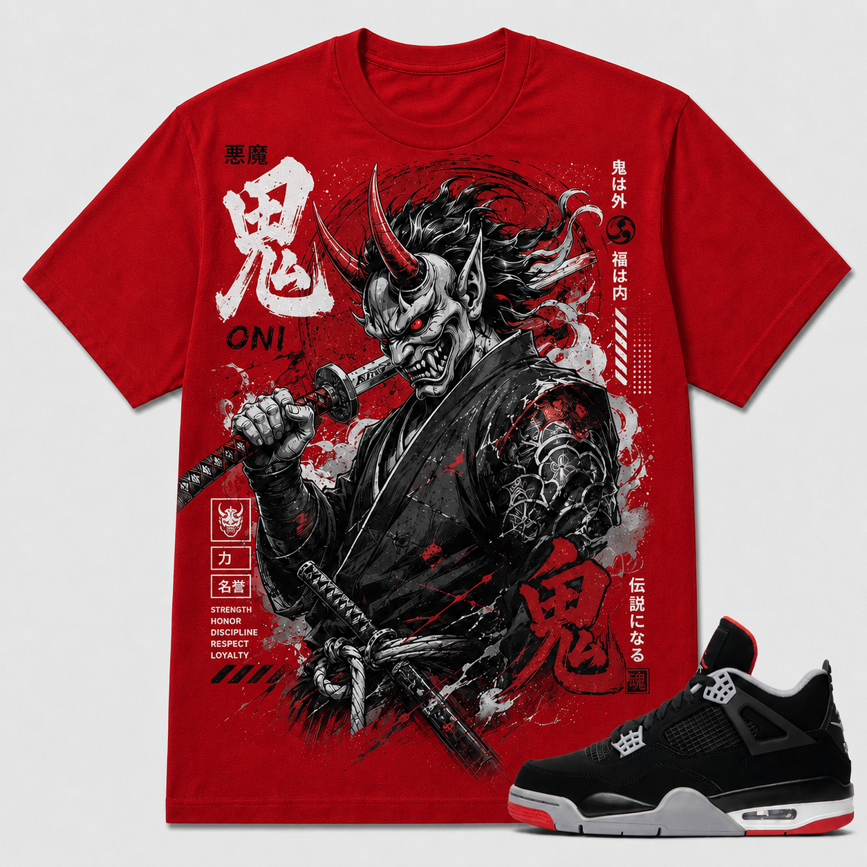"Japanese Oni Streetwear" Shirt To Match AJ 4 Bred, AJ 4 Matching Shirt