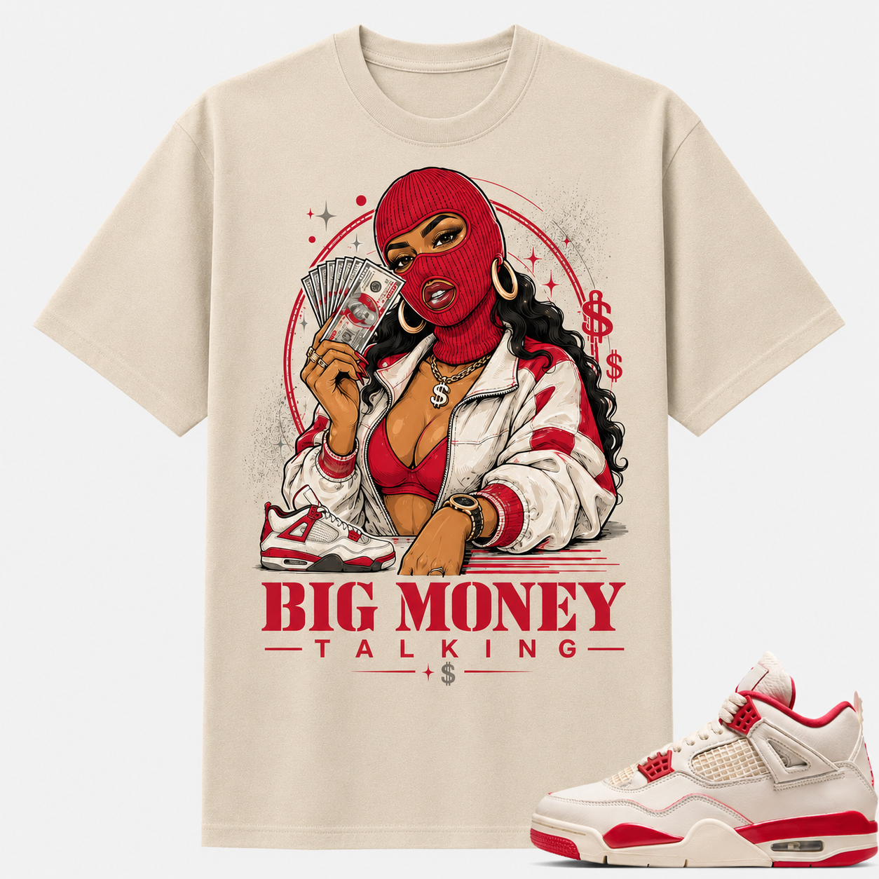 BIG MONEY TALKING Shirt To Match AJ 4 Retro Pale Ivory and Tough Red, AJ 4 Retro Pale Ivory and Tough Red Shirt