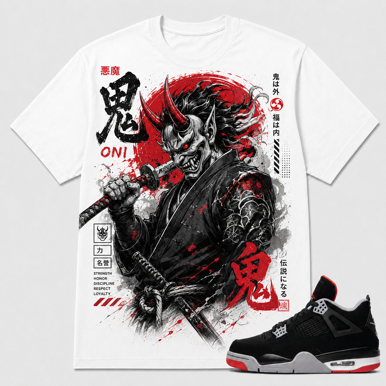 "Japanese Oni Streetwear" Shirt To Match AJ 4 Bred, AJ 4 Matching Shirt